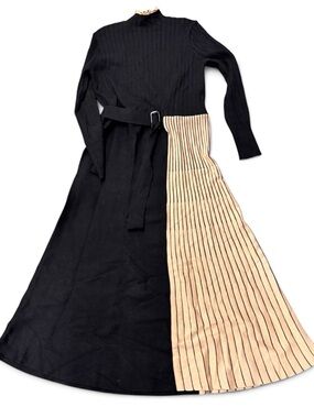 Dalia MacPhee Black Sweater Dress with Beige Pleated Panel and Belt